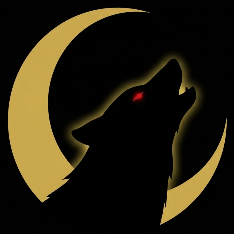 Nightfall — a howling wolf before a gold crescent moon